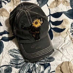 Embroidered Bull Skull Cap with Sunflower